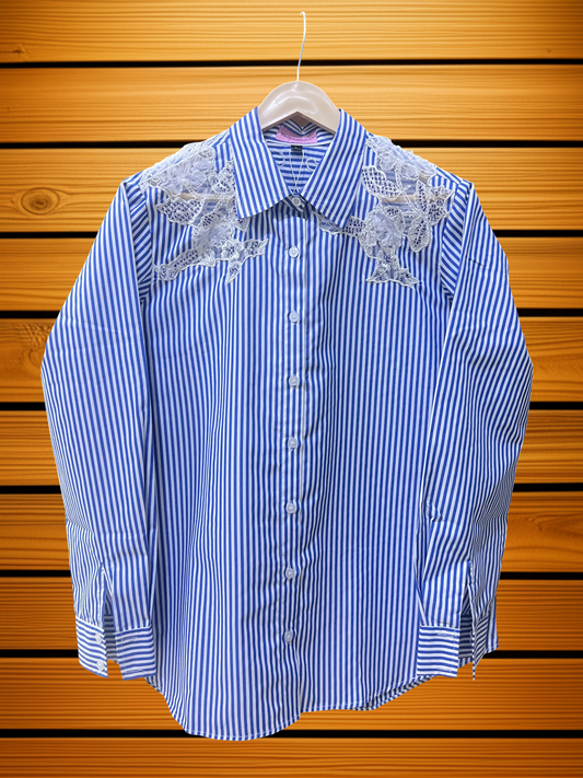 Azure Pinstripe & Lace Button-Up Blouse