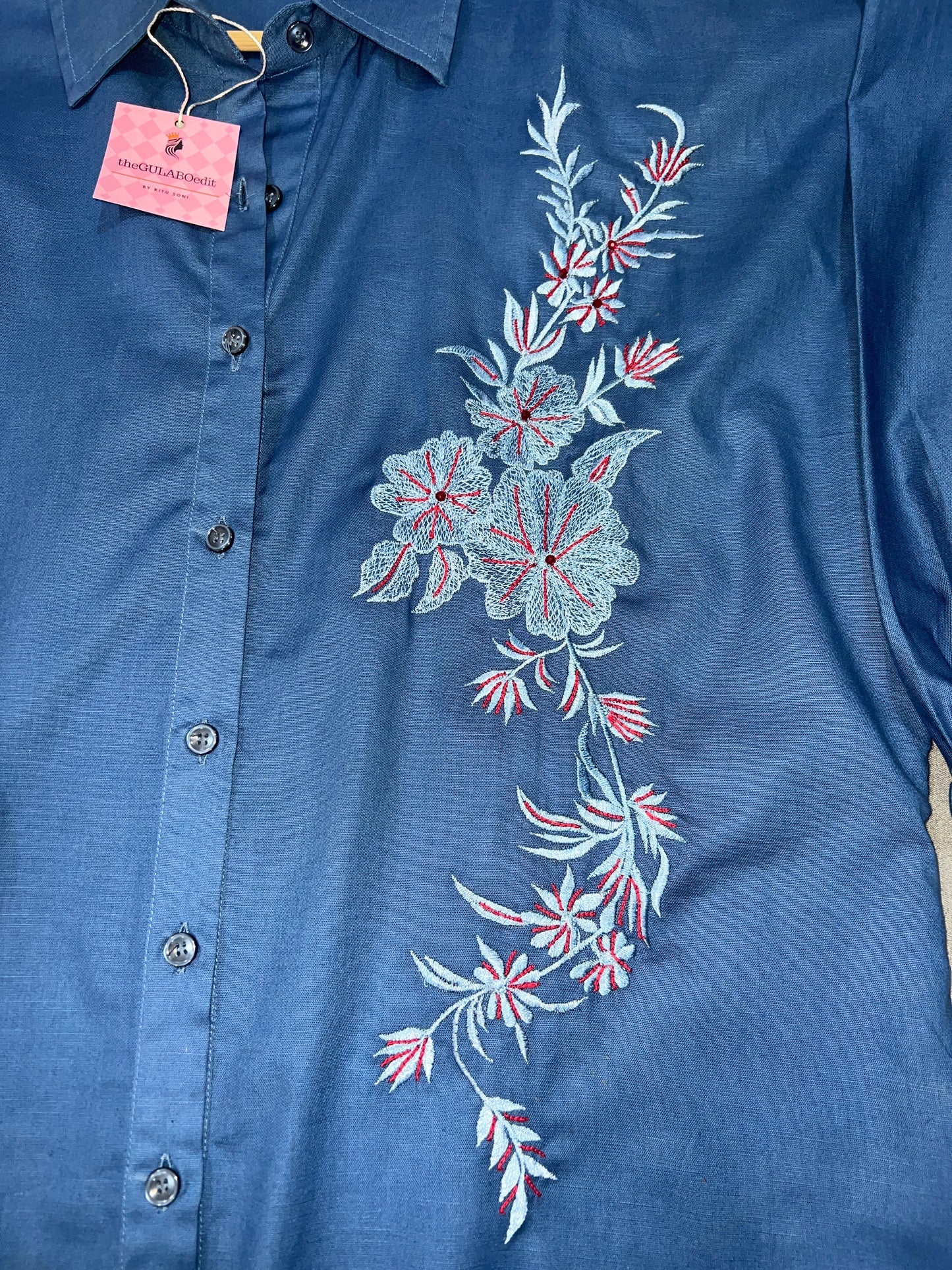 Indigo Floral Embroidered Tunic Shirt