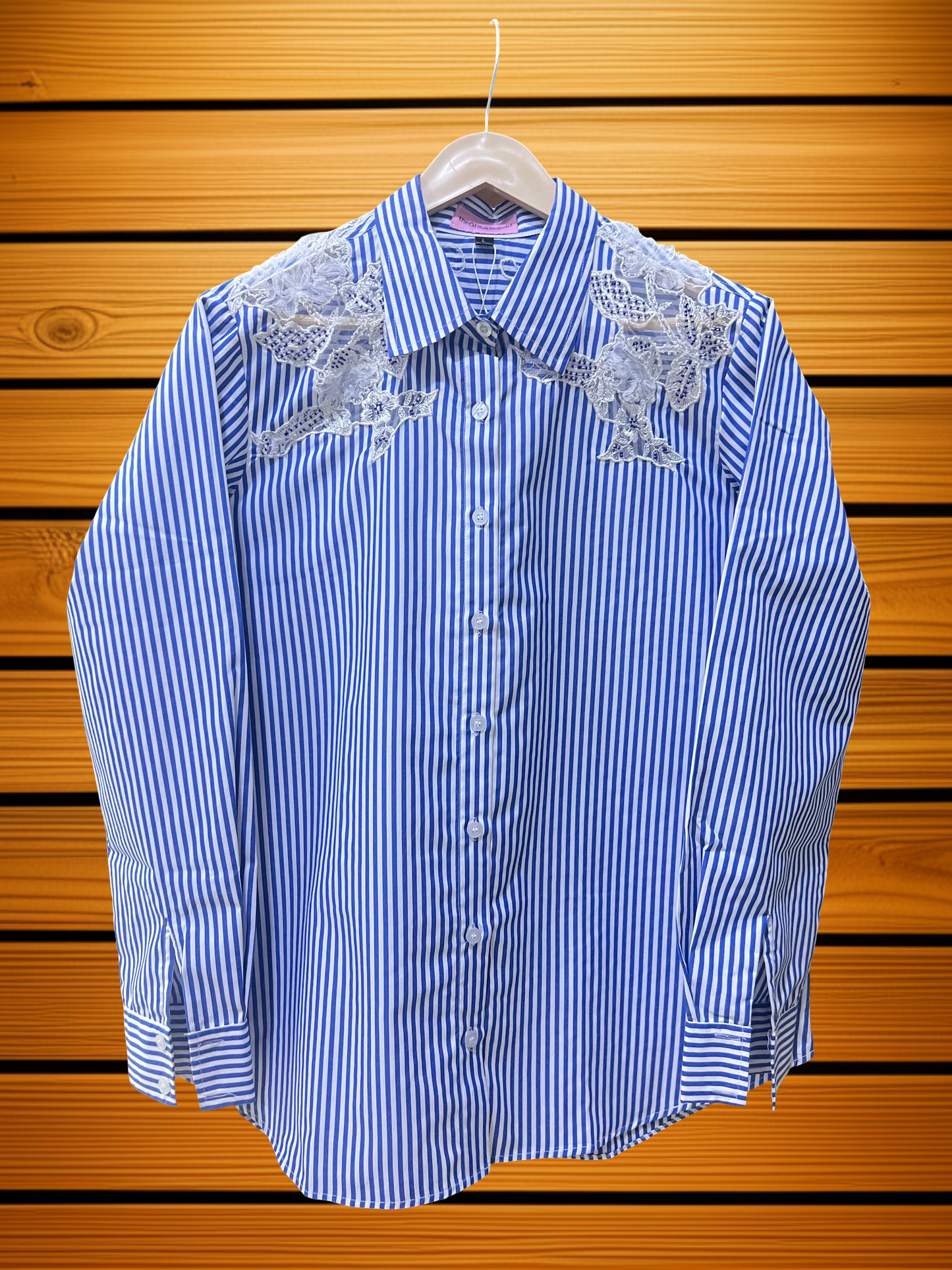 Azure Pinstripe & Lace Button-Up Blouse