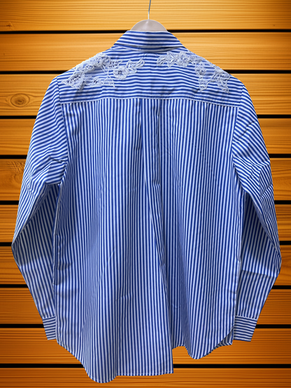 Azure Pinstripe & Lace Button-Up Blouse