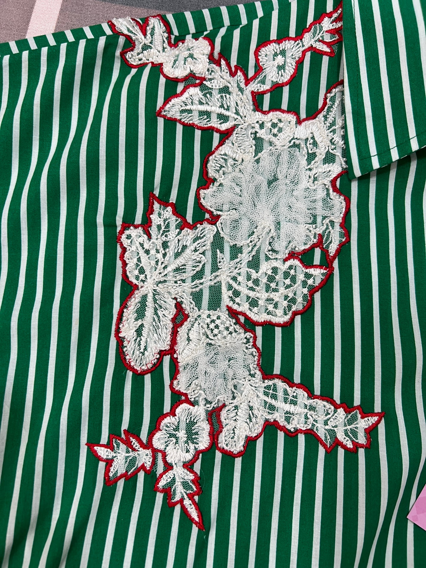 Forest Green Pinstripe & Lace Dolman Top