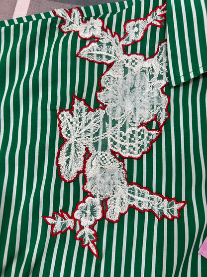Forest Green Pinstripe & Lace Dolman Top
