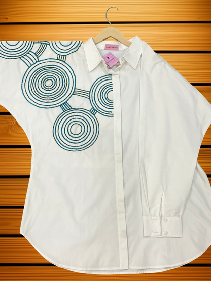 White Serene Circles Embroidered Dolman Shirt