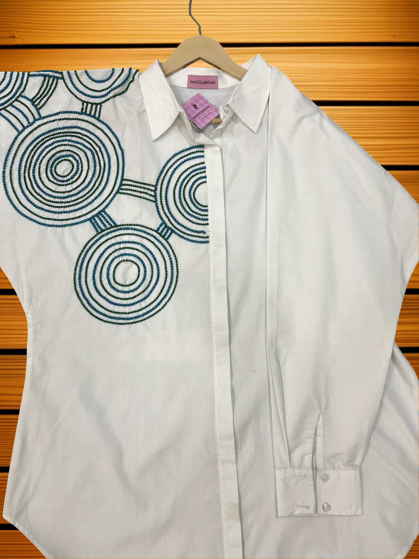 White Serene Circles Embroidered Dolman Shirt